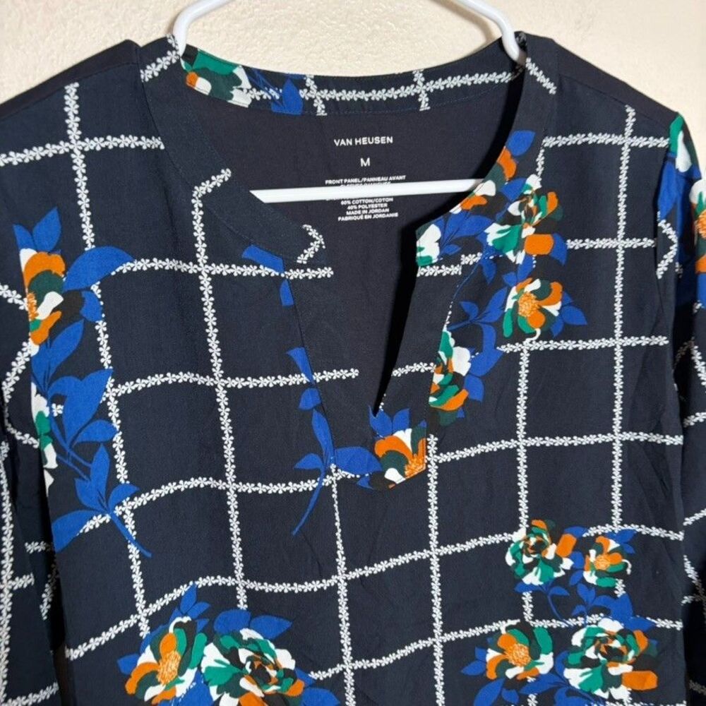 Van Heusen Blouse Women's Medium Blue V-Neck 3/4 Sleeve Printed Career Top - Picture 3 of 7
